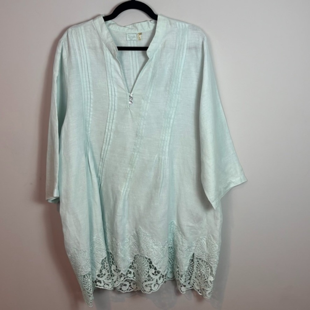 SYMPLE NYC Womens 100% Linen Floral Lace Hem 3/4 Sleeve Baby Blue Tunic Top 2X